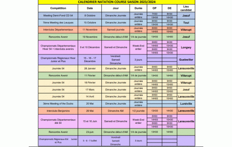 CALENDRIER COMPETITIONS SPORTIVE  